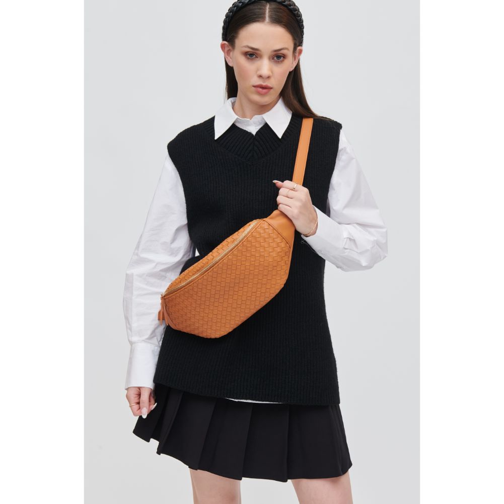 Woman wearing Tan Urban Expressions Theos Belt Bag 840611107350 View 1 | Tan