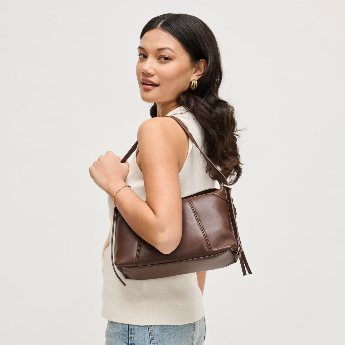 Woman wearing Chocolate Urban Expressions Waylon Shoulder Bag 840504205170 View 2 | Chocolate