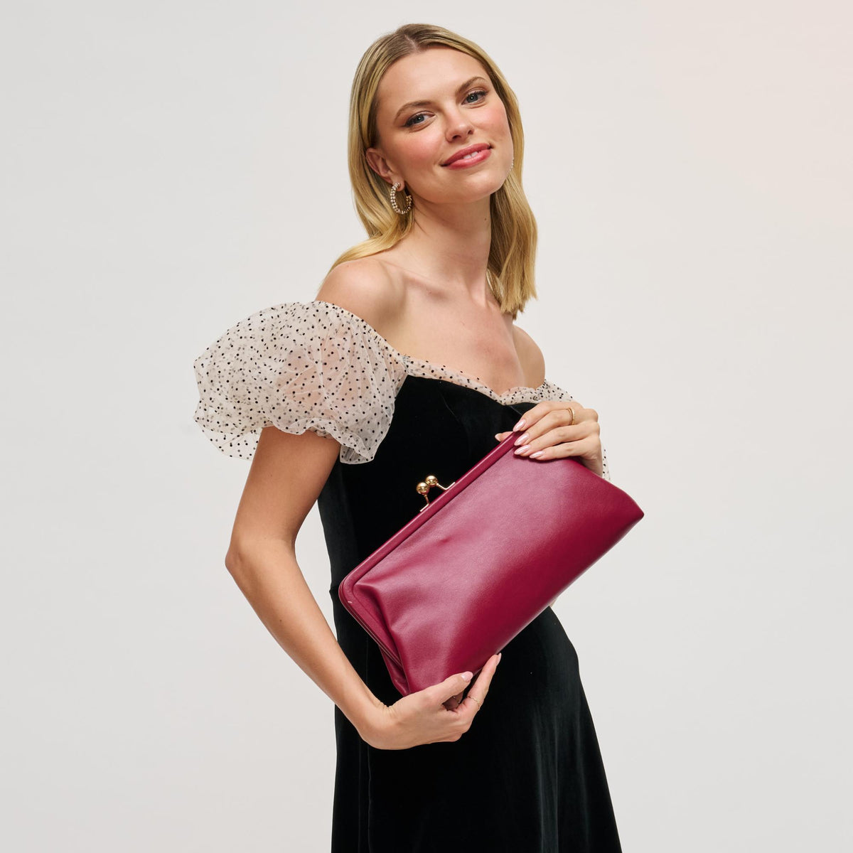 Woman wearing Burgundy Urban Expressions Kristin Clutch 840611198426 View 1 | Burgundy