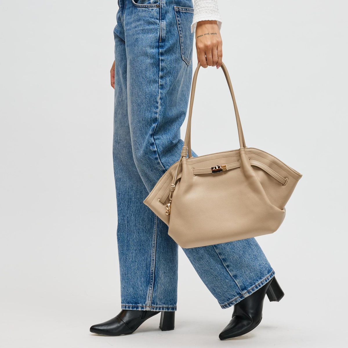 Woman wearing Almond Urban Expressions Monroe Satchel 840504200823 View 3 | Almond