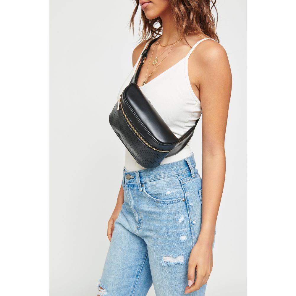 Woman wearing Black Urban Expressions Hawthorn - Perforated Belt Bag NA-840611158611 View 4 | Black