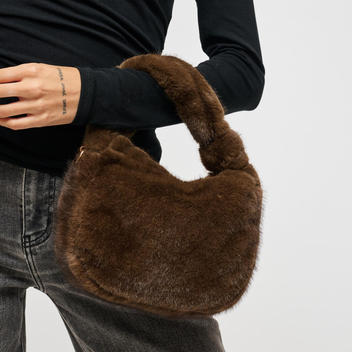 Woman wearing Chocolate Urban Expressions Monica - Faux Fur Crossbody 840611199539 View 4 | Chocolate