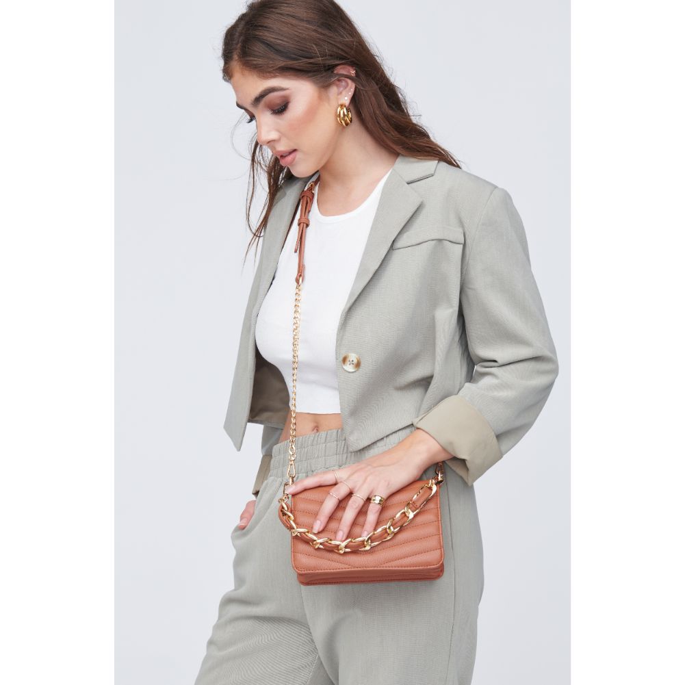 Woman wearing Tan Urban Expressions Genny - Chevron Stitch Crossbody 818209011082 View 2 | Tan
