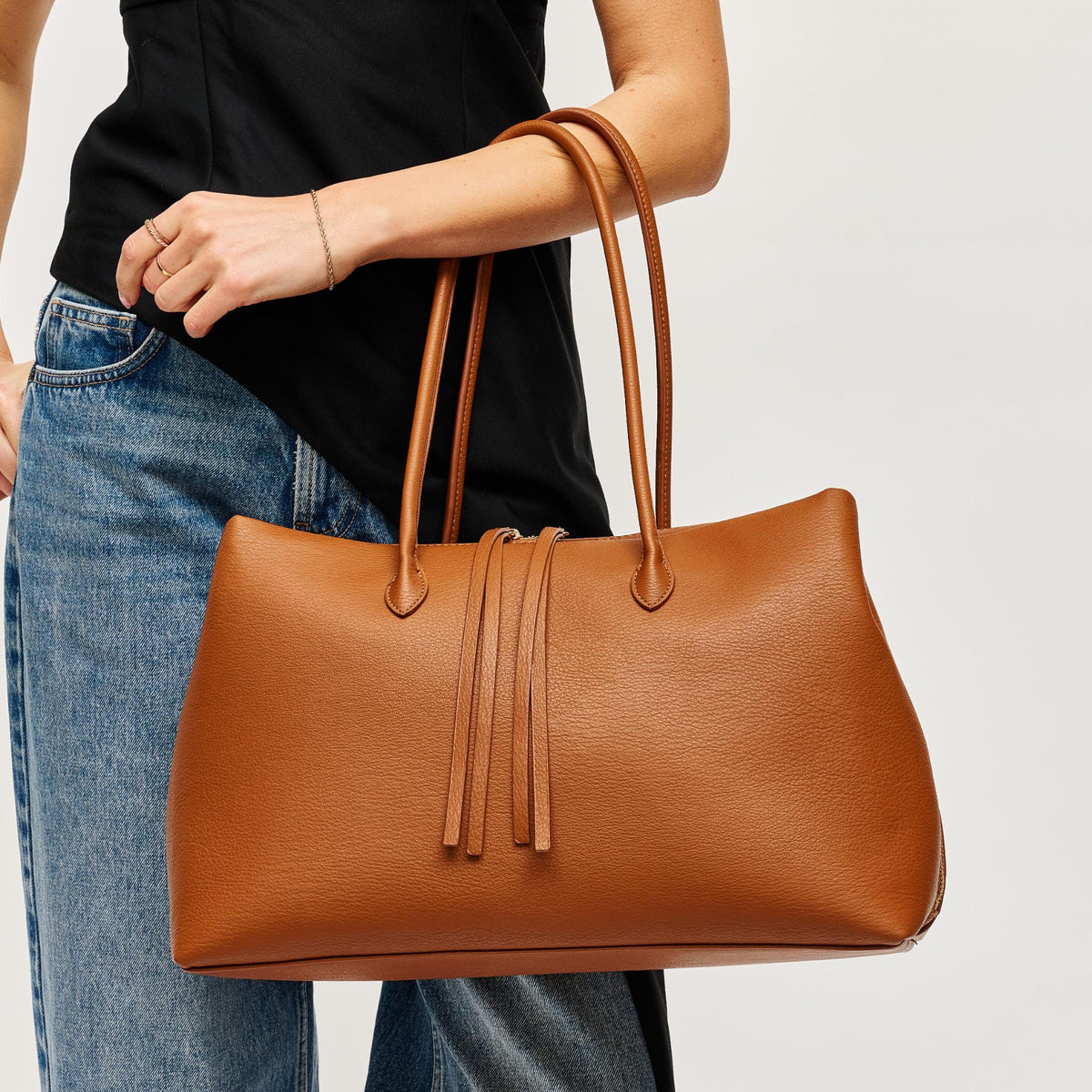 Woman wearing Tan Urban Expressions Sadie Satchel 840504205323 View 2 | Tan