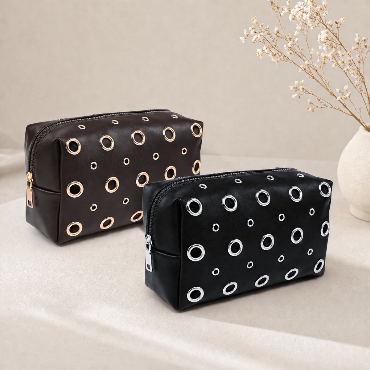 Woman wearing Espresso Urban Essentials Grommet Revival Cosmetic & Travel Organizer Pouch 840504210556 View 2 | Espresso