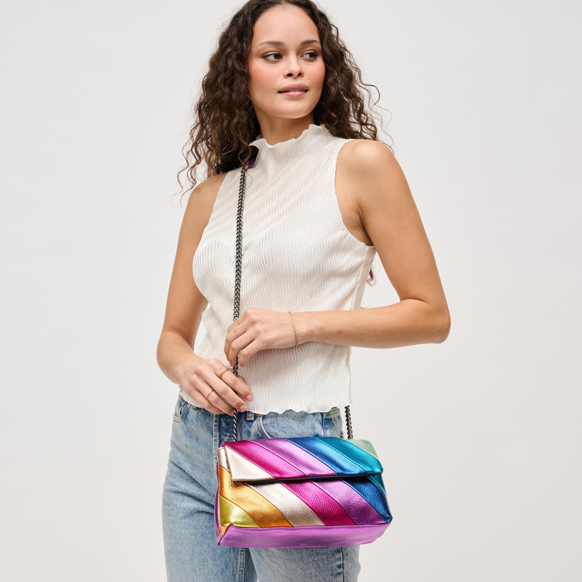 Woman wearing Pink Combo Urban Expressions Rayne Crossbody 840611128300 View 3 | Pink Combo