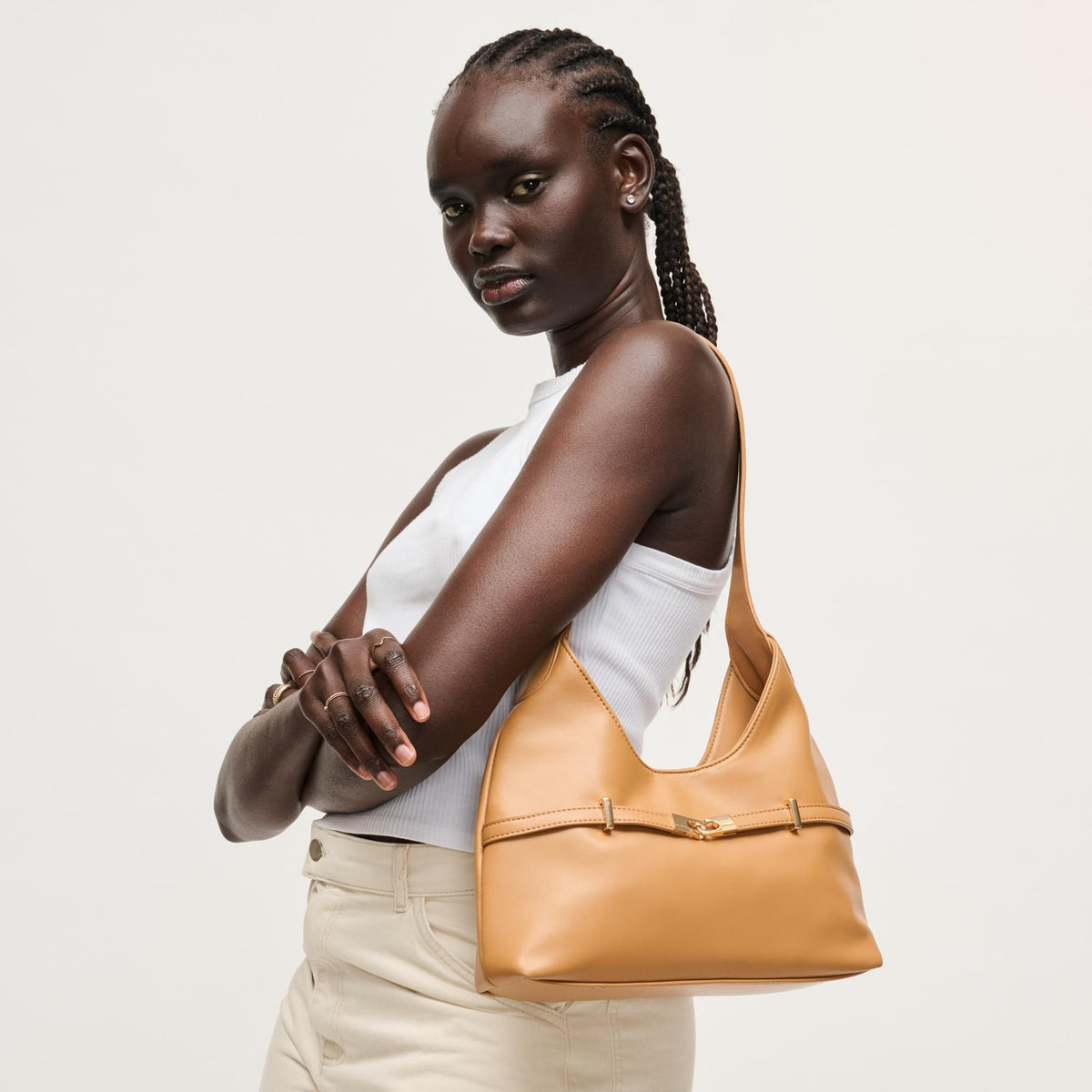 Woman wearing Camel Urban Expressions Camila Shoulder Bag 840504205866 View 1 | Camel