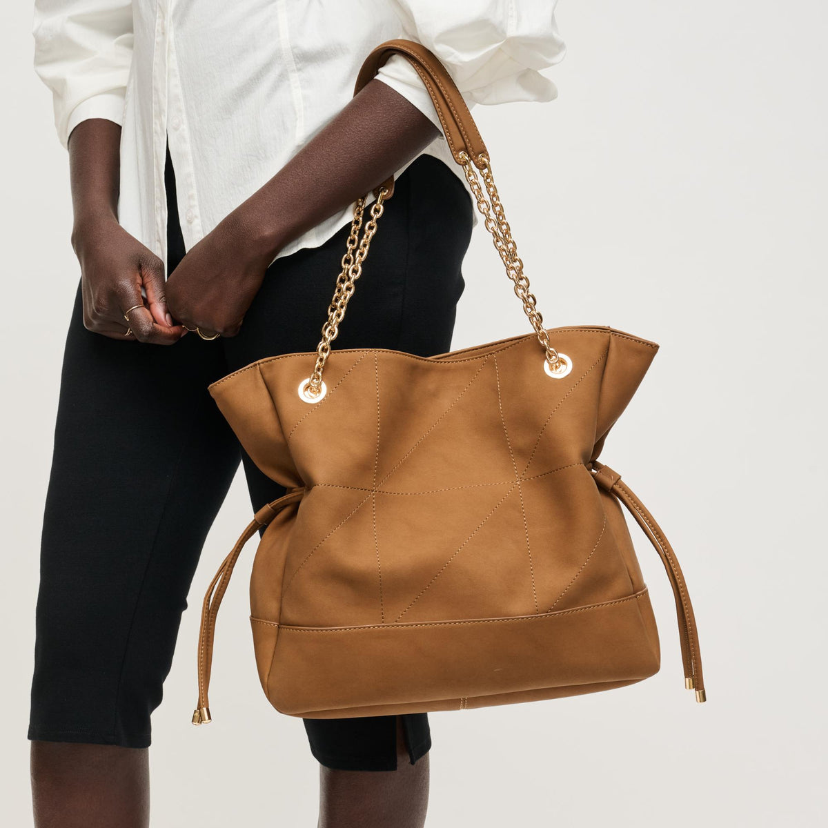 Woman wearing Cognac Urban Expressions Kinsley Tote 840504206405 View 3 | Cognac