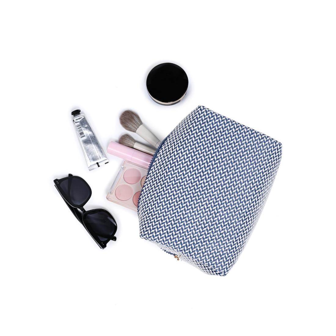 Woman wearing Navy Urban Essentials Switchback Cosmetic & Travel Organizer Pouch 840504207570 View 1 | Navy