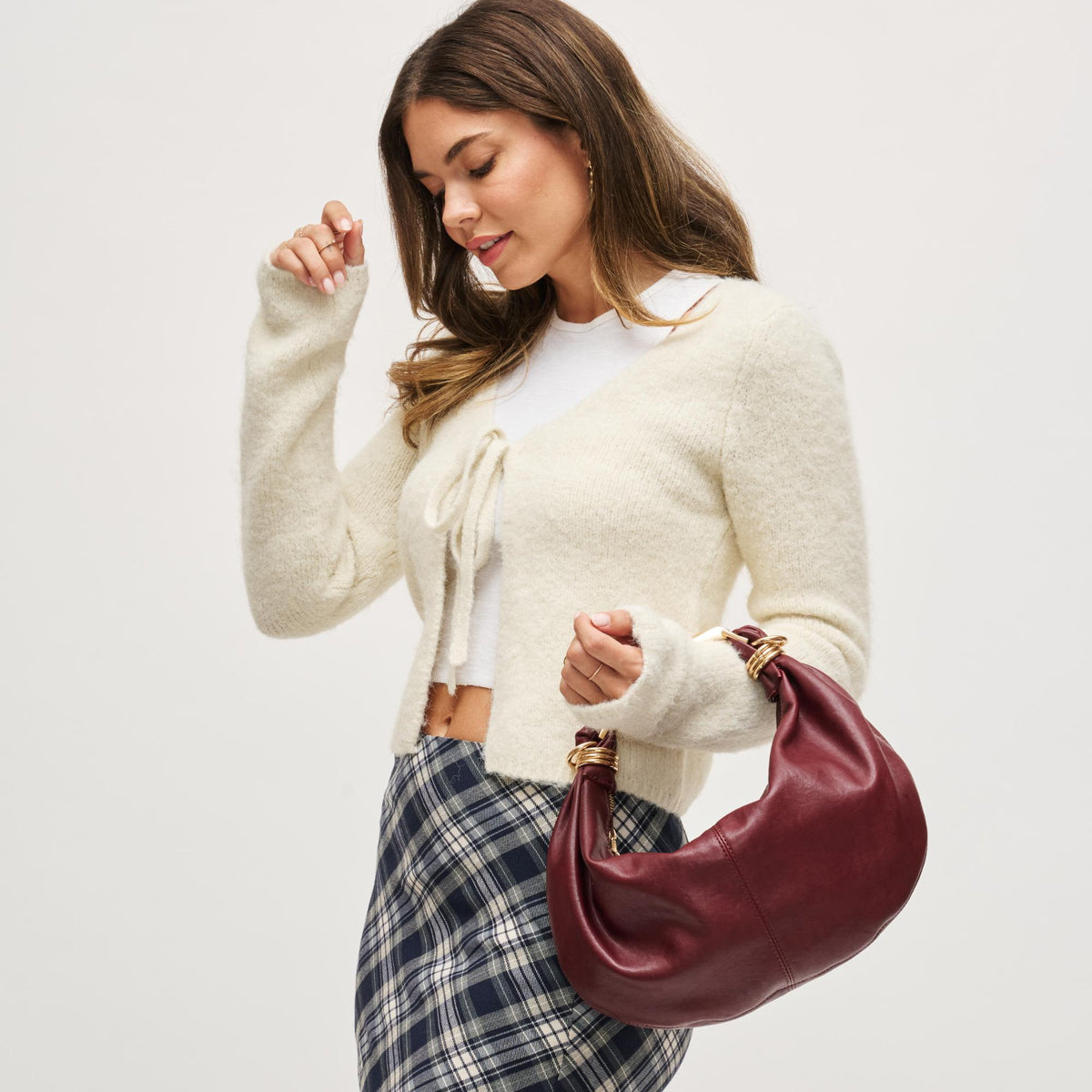 Woman wearing Wine Urban Expressions Carrie Crossbody 840611199805 View 3 | Wine