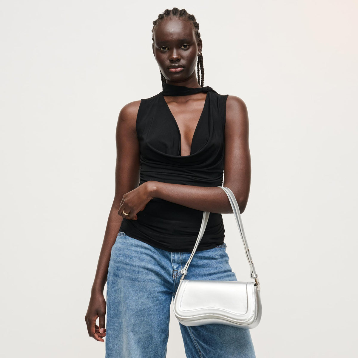 Woman wearing Silver Urban Expressions Max Shoulder Bag 840504208447 View 4 | Silver