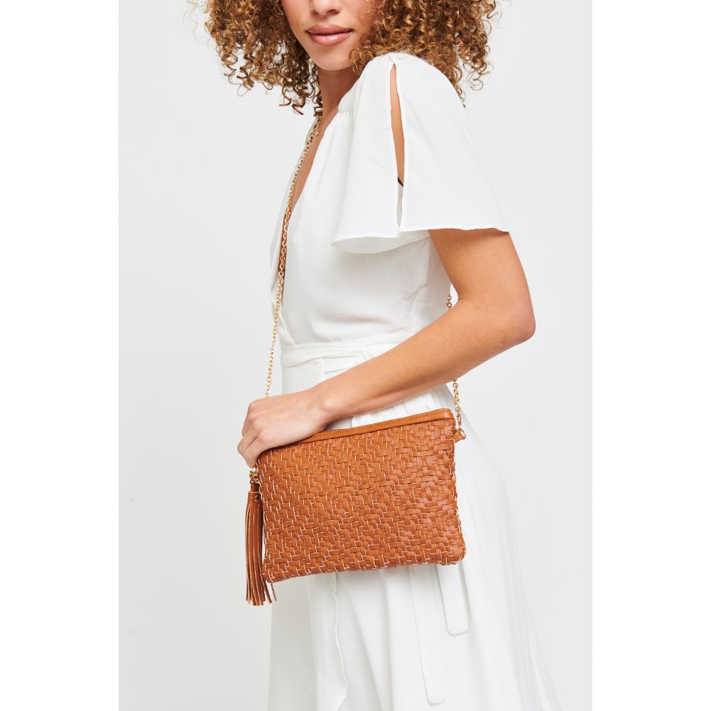 Woman wearing Tan Urban Expressions Jess Clutch 840611172495 View 2 | Tan