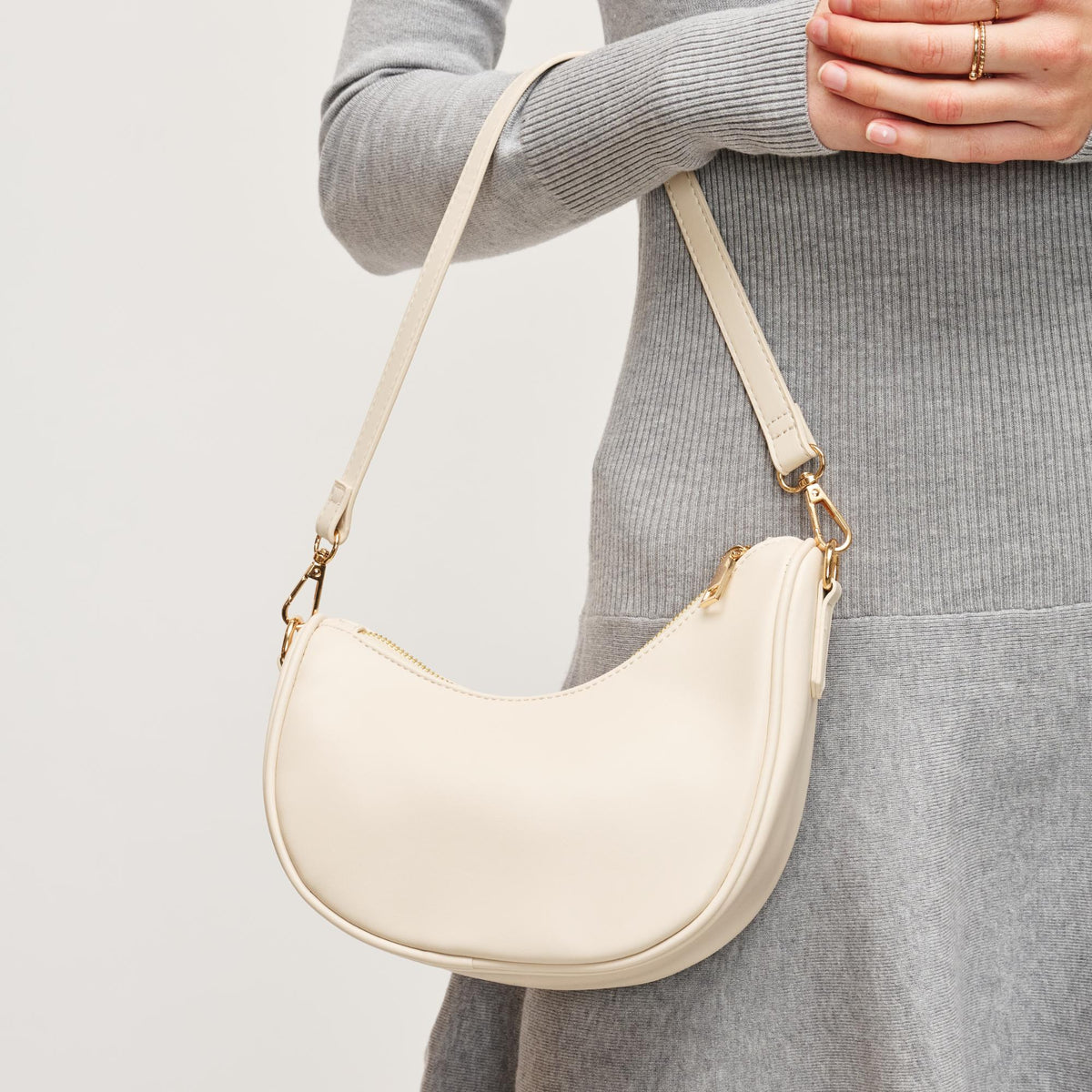 Woman wearing Oatmilk Urban Expressions Mila Crossbody 840611154309 View 4 | Oatmilk