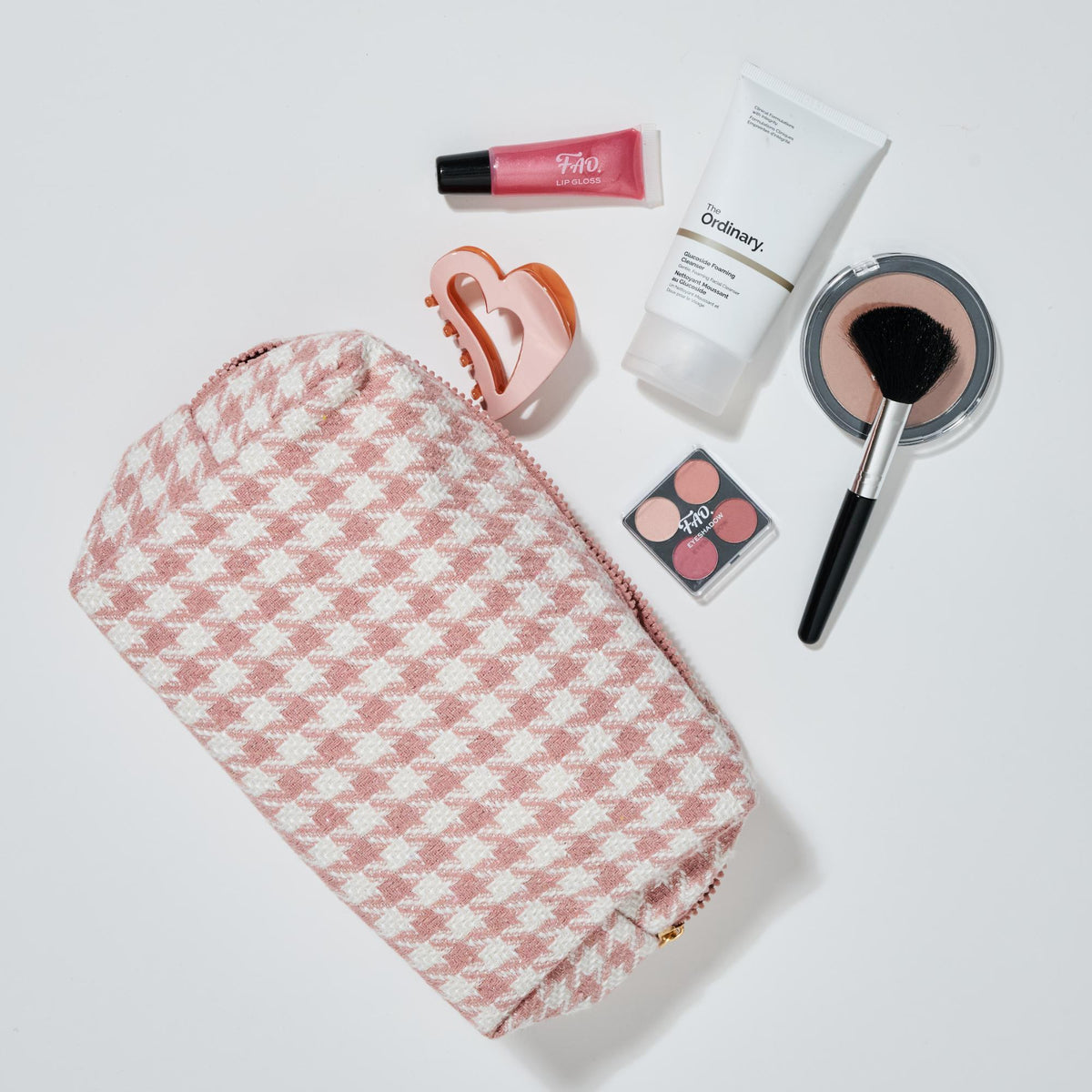 Woman wearing Pink Urban Essentials Haute Tooth Cosmetic & Travel Organizer Pouch 840611197221 View 1 | Pink