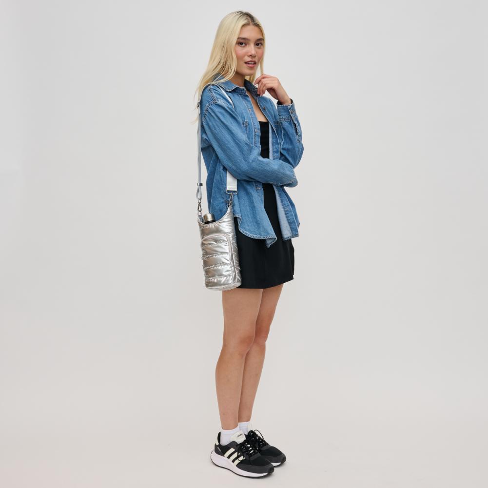 Woman wearing Silver Urban Expressions Jace Crossbody 840611193568 View 3 | Silver
