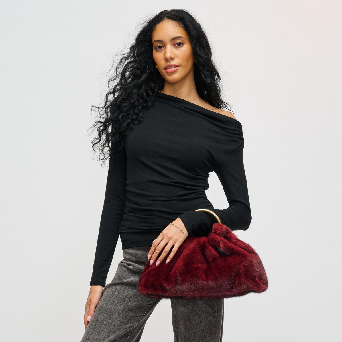 Woman wearing Burgundy Urban Expressions Keala Tote 840504200038 View 2 | Burgundy
