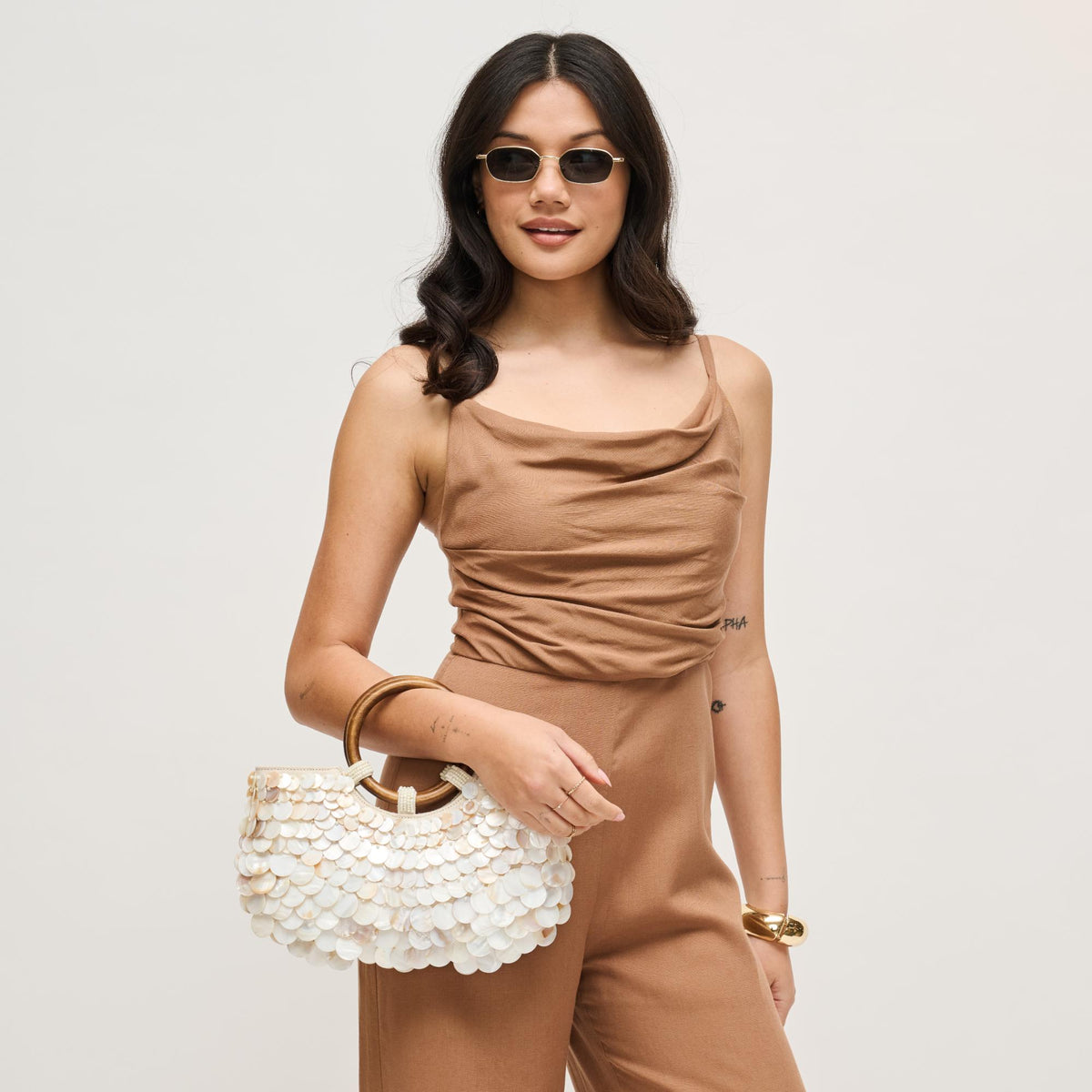 Woman wearing Ivory Multi Urban Expressions Scarlett Evening Bag 840504204821 View 4 | Ivory Multi