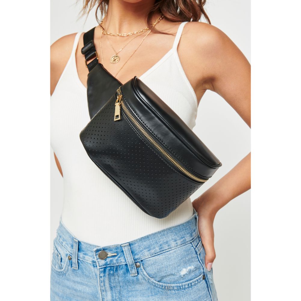 Woman wearing Black Urban Expressions Hawthorn - Perforated Belt Bag NA-840611158611 View 1 | Black