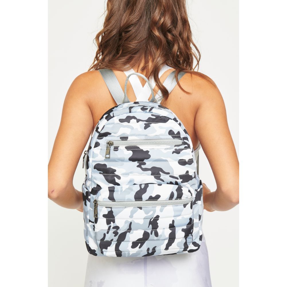 Woman wearing Grey Camo Urban Expressions Aiden Backpack 840611180759 View 1 | Grey Camo