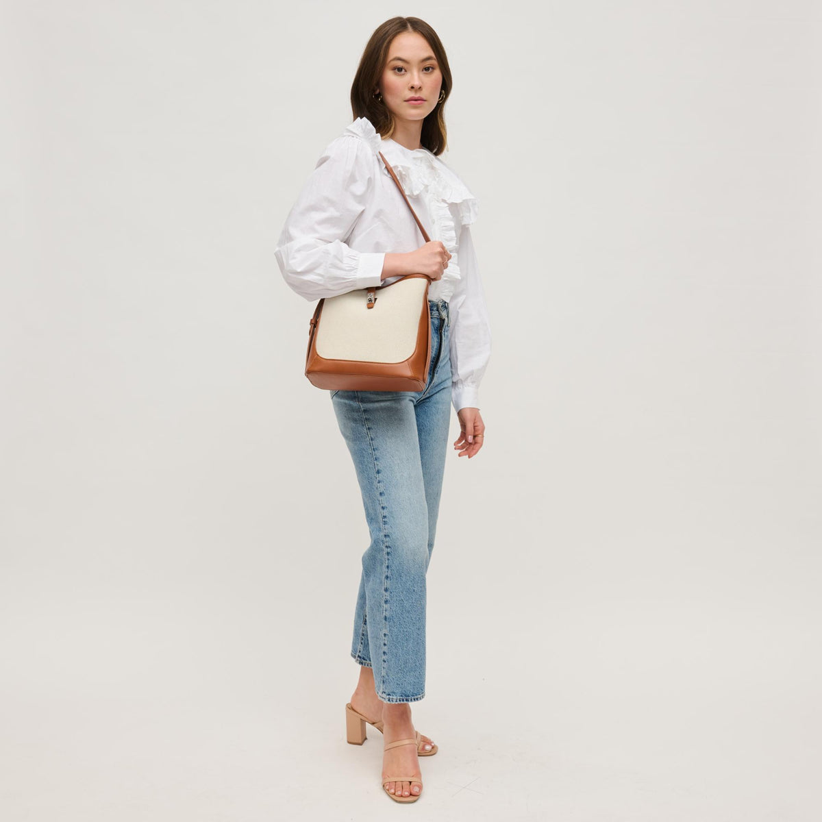 Woman wearing Tan Ivory Urban Expressions Mabel Bucket 840611156419 View 4 | Tan Ivory