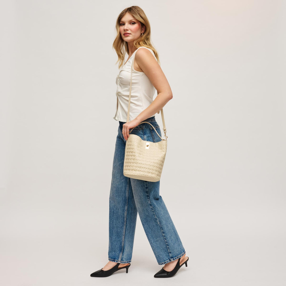 Woman wearing Oatmilk Urban Expressions Maverick Bucket 840504204968 View 4 | Oatmilk