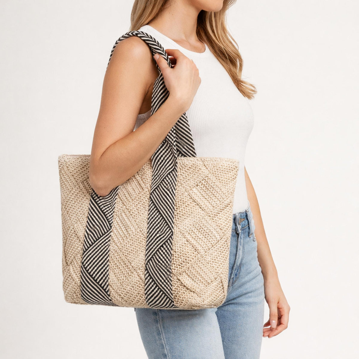 Woman wearing Ivory Urban Expressions Lorena - Straw Tote 840504203015 View 1 | Ivory