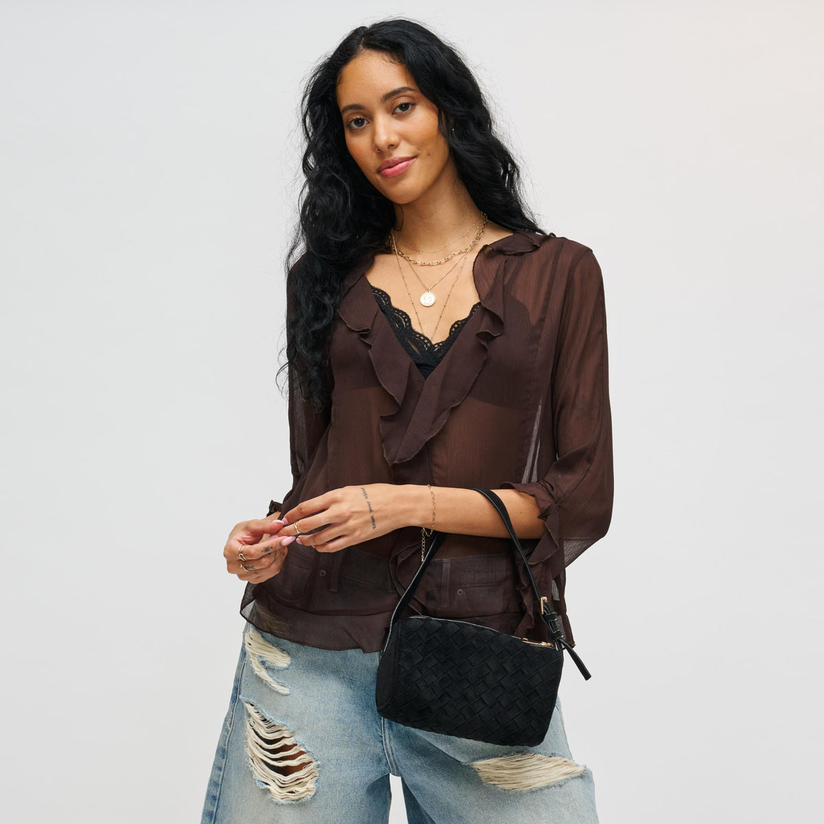 Woman wearing Black Urban Expressions Rose Shoulder Bag 840611199379 View 3 | Black
