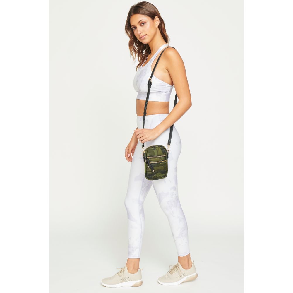 Woman wearing Green Camo Urban Expressions Evelyn Cell Phone Crossbody 840611181985 View 4 | Green Camo