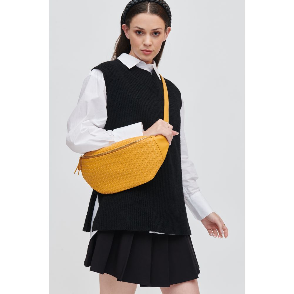 Woman wearing Mustard Urban Expressions Theos Belt Bag 840611107367 View 1 | Mustard