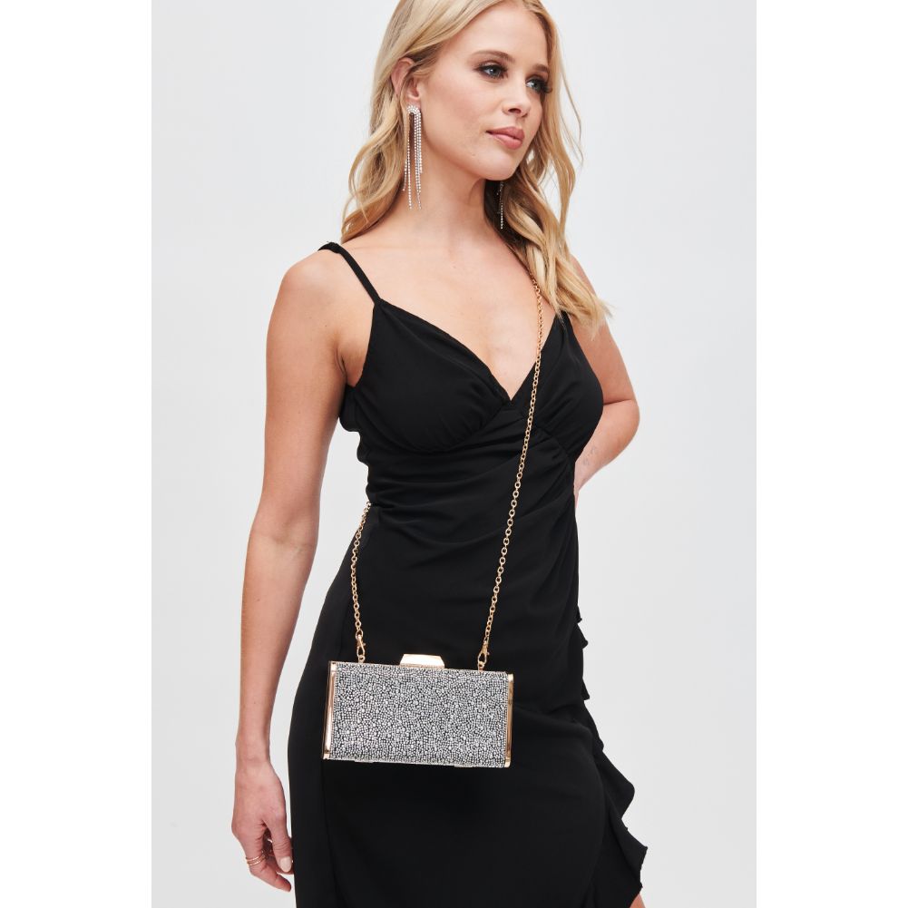 Woman wearing Black Silver Urban Expressions Madelyn Evening Bag 840611118813 View 2 | Black Silver