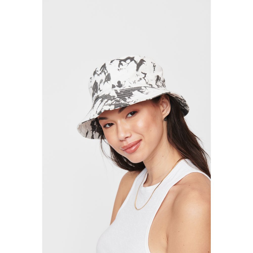 Woman wearing White Grey Urban Expressions Tie Dye Bucket Hat Bucket Hat 840611182203 View 2 | White Grey