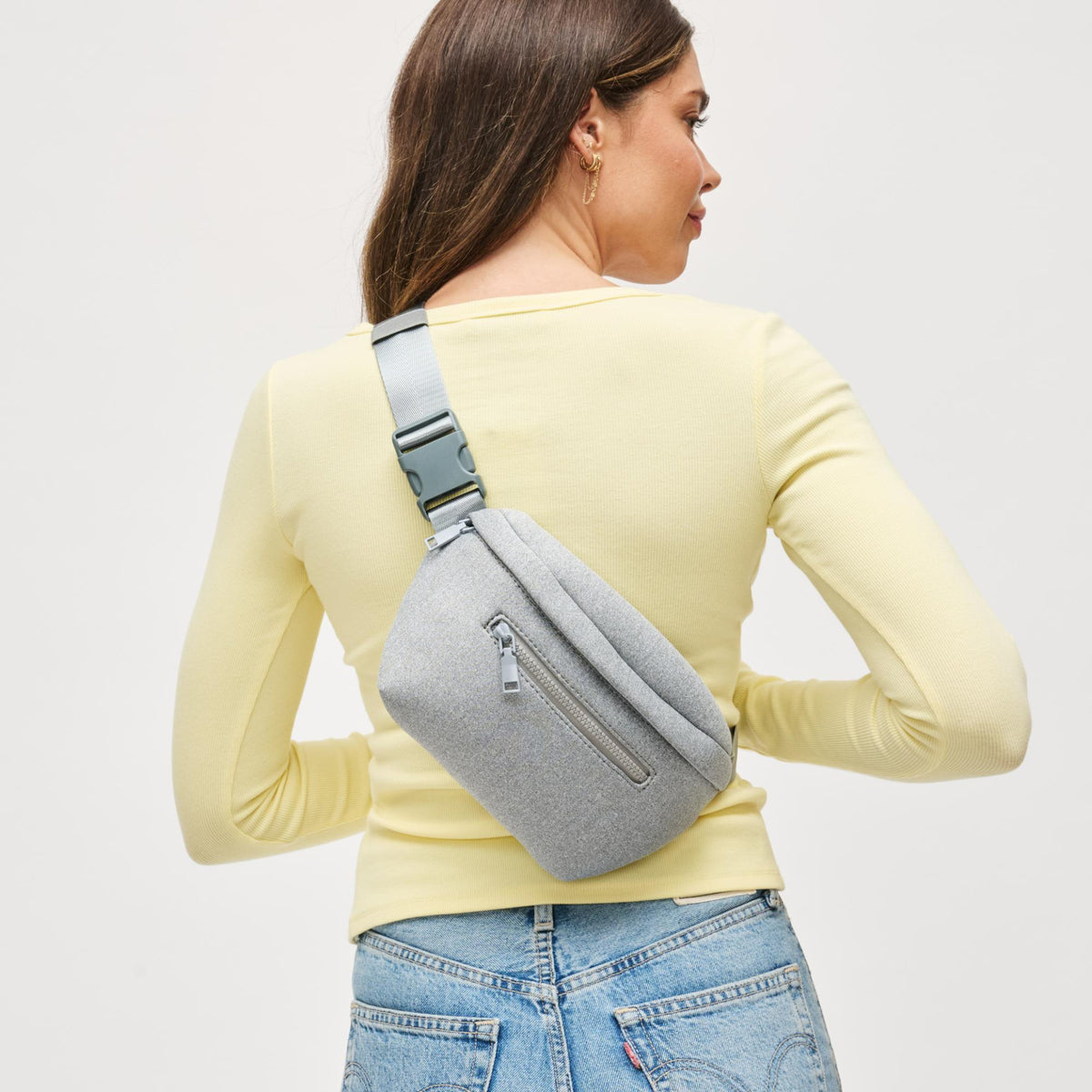 Woman wearing Heather Grey Urban Expressions Celestine Belt Bag 840504200212 View 3 | Heather Grey