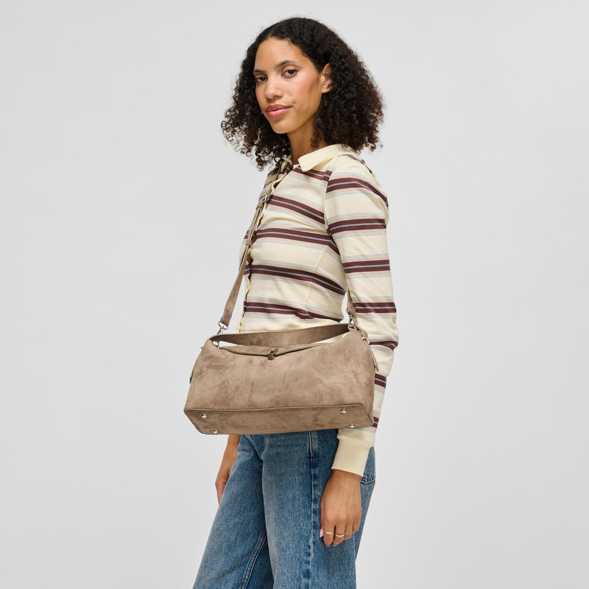 Woman wearing Taupe Urban Expressions Evermore Crossbody 840504212833 View 1 | Taupe