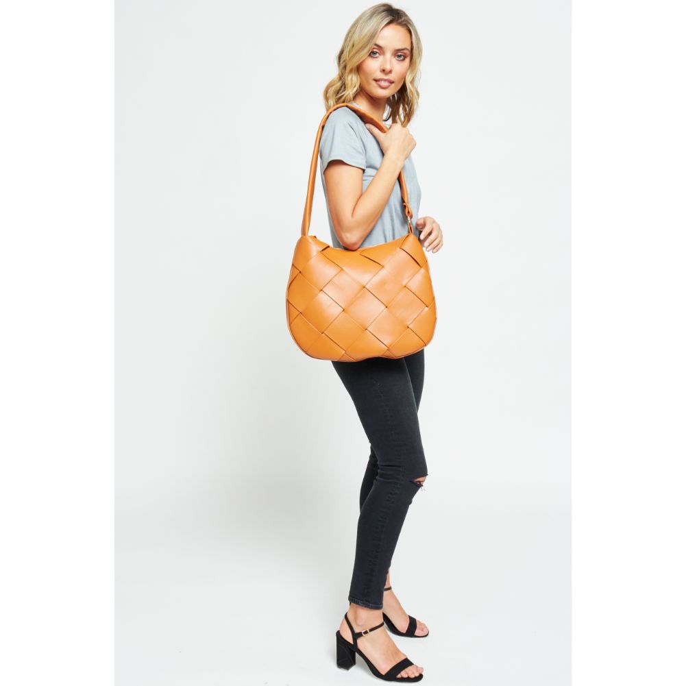 Woman wearing Tan Urban Expressions Mira Messenger 840611179289 View 3 | Tan