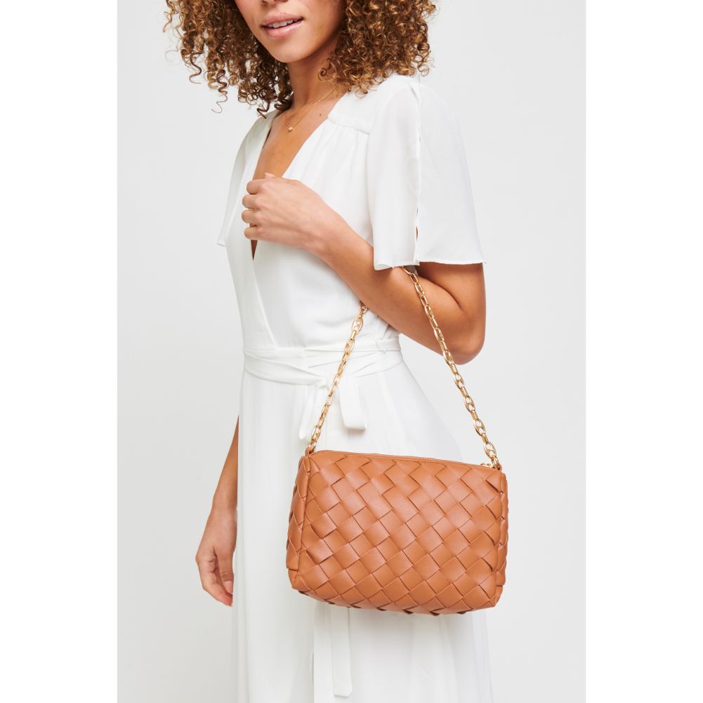 Woman wearing Tan Urban Expressions Elara Crossbody 840611179609 View 2 | Tan