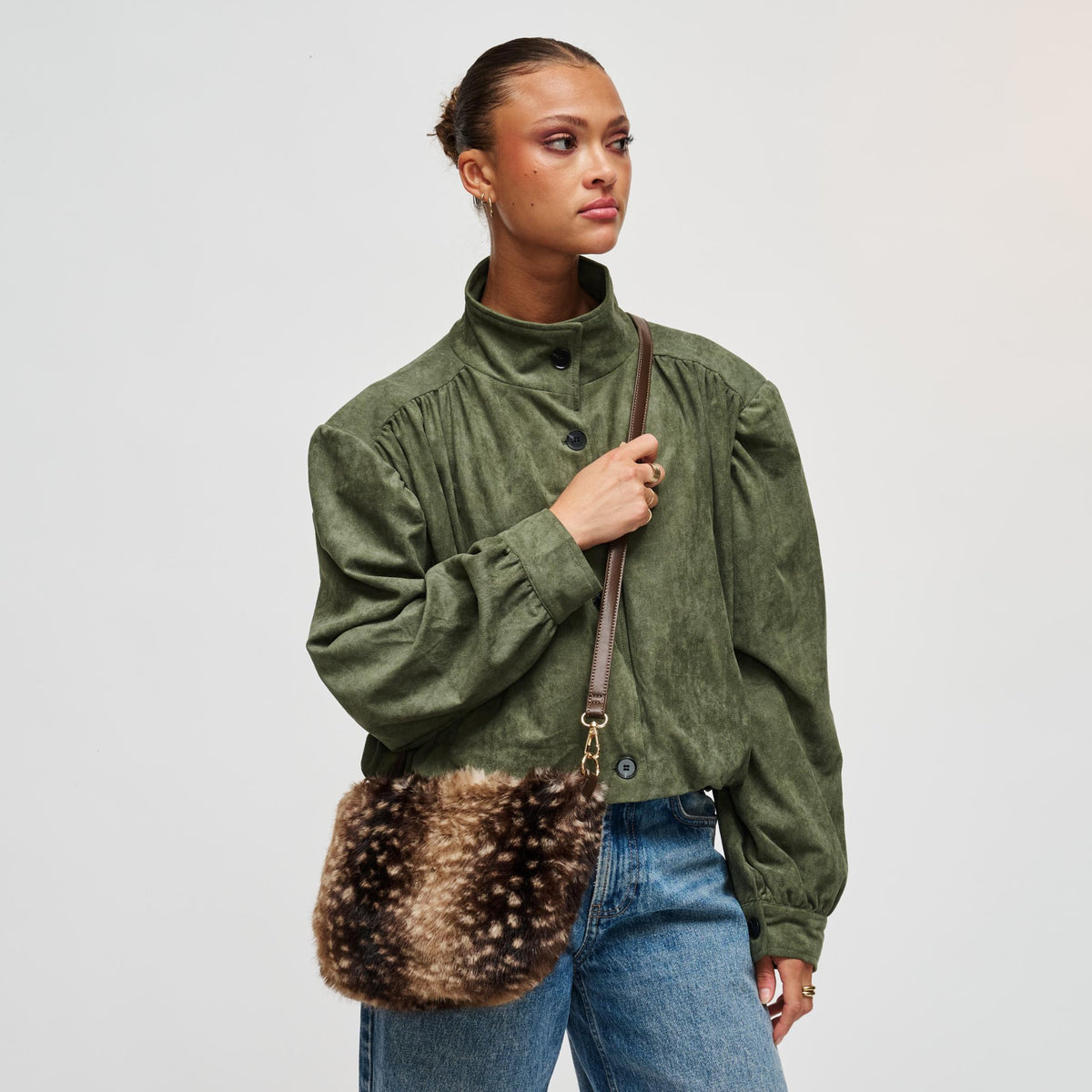 Woman wearing Brown Urban Expressions Jordan - Fur Crossbody 840504211850 View 2 | Brown