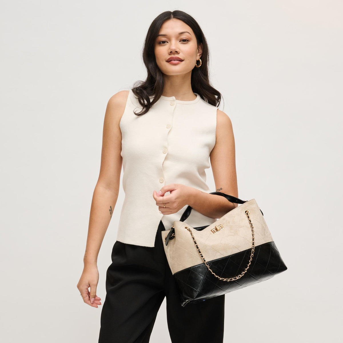 Woman wearing Stone Black Urban Expressions Eliana Tote 840504205569 View 3 | Stone Black