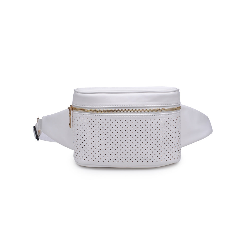 Woman wearing White Urban Expressions Hawthorn - Perforated Belt Bag NA-840611158628 View 5 | White