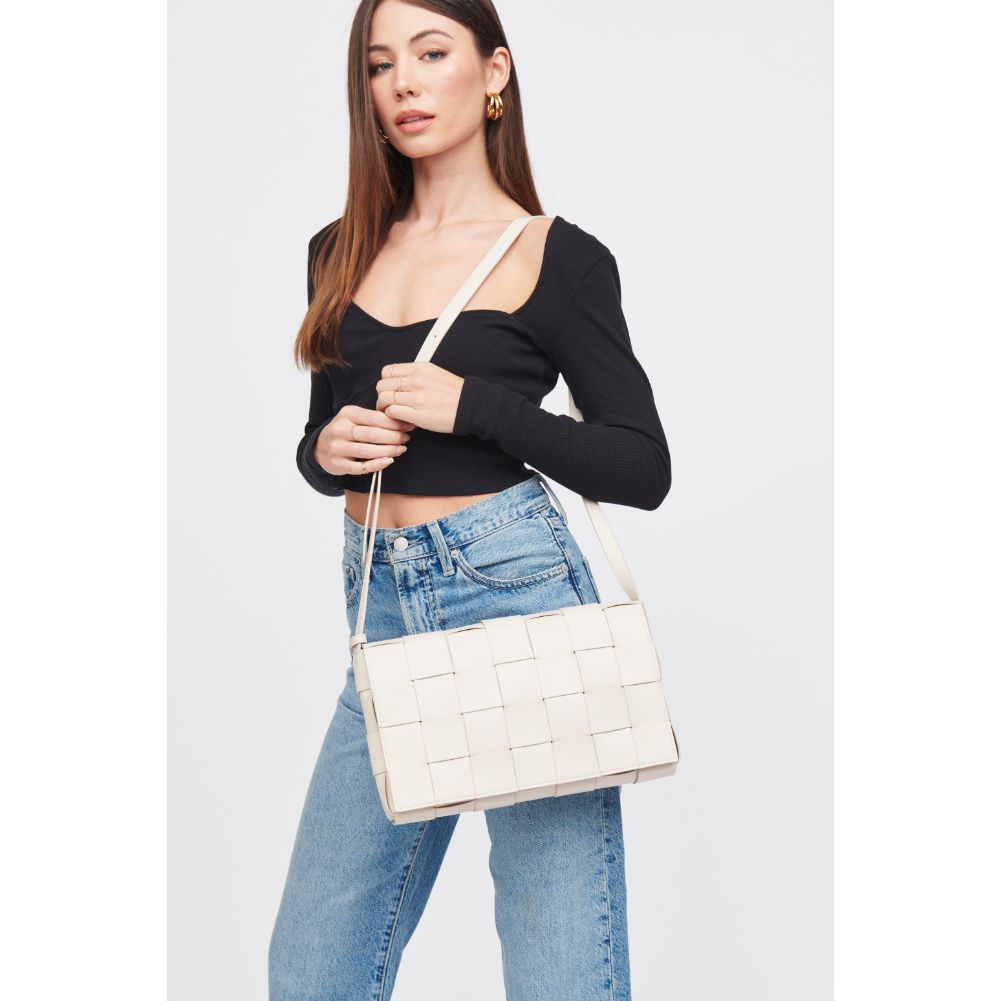 Woman wearing Oatmilk Urban Expressions Olga - Woven Crossbody 818209019316 View 4 | Oatmilk