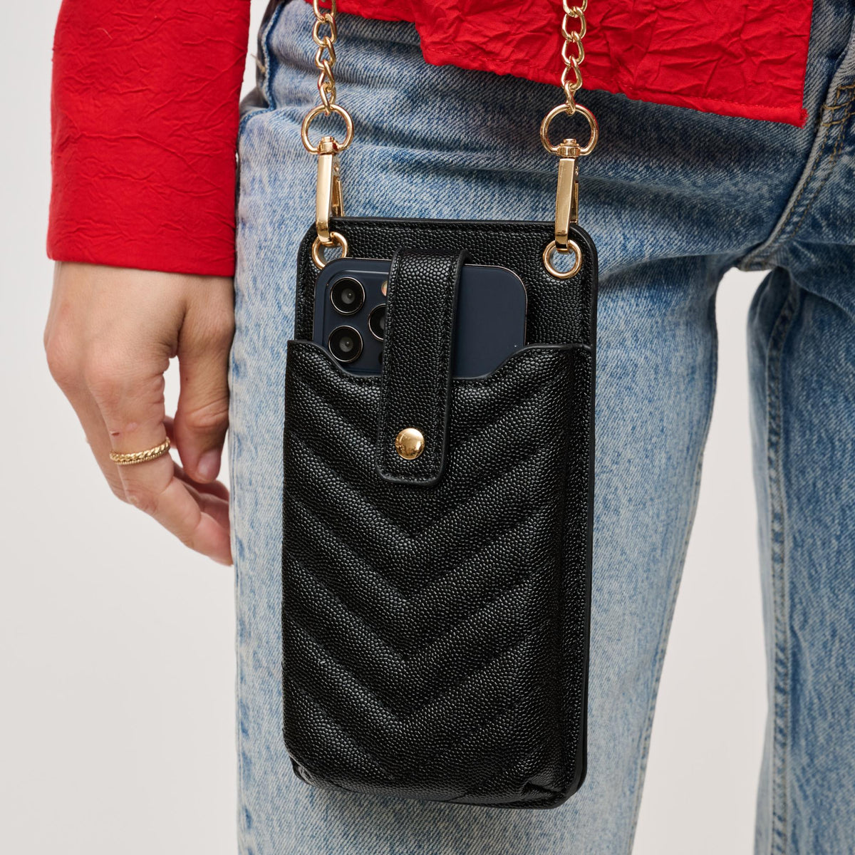 Woman wearing Black Urban Expressions Claire - Chevron Stitch Cell Phone Crossbody 840611113184 View 1 | Black