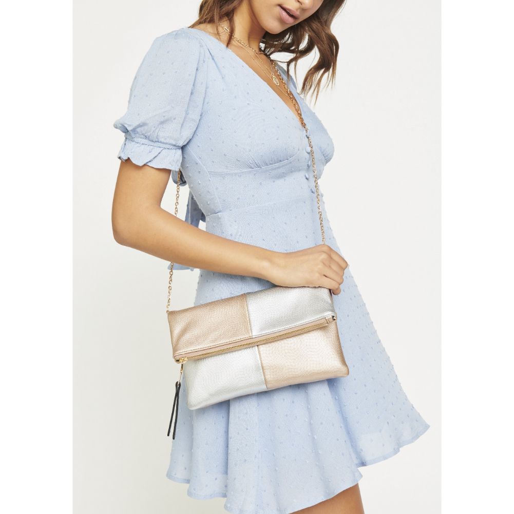 Woman wearing Rose Gold Silver Urban Expressions Soraya Clutch NA-840611146793 View 1 | Rose Gold Silver
