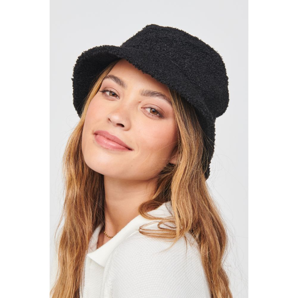 Woman wearing Black Urban Expressions Shearling Bucket Hat Bucket Hat 818209014656 View 2 | Black