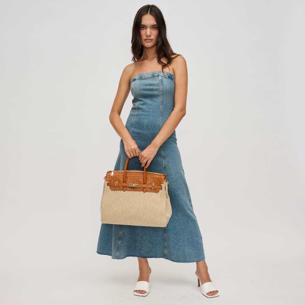 Woman wearing Natural Tan Urban Expressions Bertha Satchel 840611193711 View 3 | Natural Tan