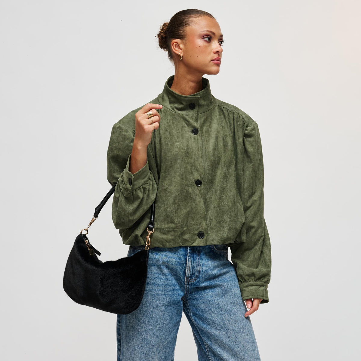 Woman wearing Black Urban Expressions Jordan - Fur Crossbody 840504211836 View 3 | Black