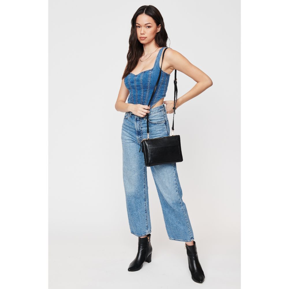 Woman wearing Black Urban Expressions Morris Lizard Crossbody 840611108517 View 3 | Black