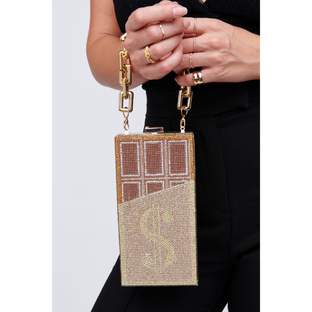 Woman wearing Chocolate Urban Expressions Willie Minaudiere 840611101204 View 1 | Chocolate