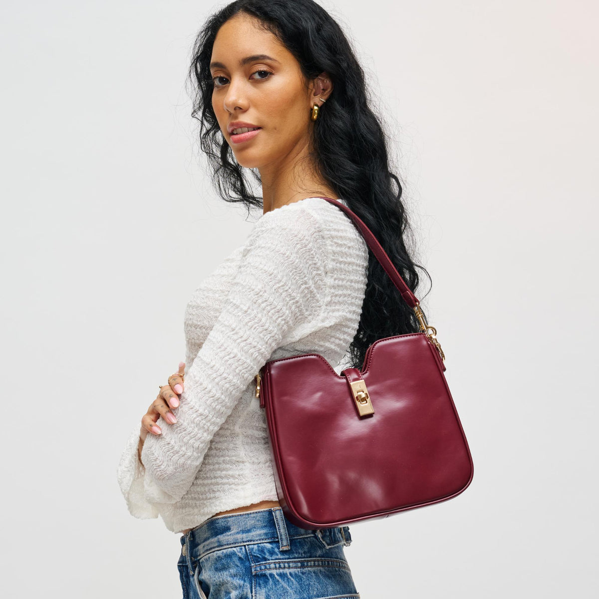 Woman wearing Wine Urban Expressions Melissa Tote 840611199171 View 1 | Wine