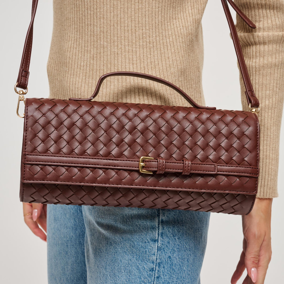 Woman wearing Chocolate Urban Expressions Emerson Crossbody 840611198358 View 4 | Chocolate