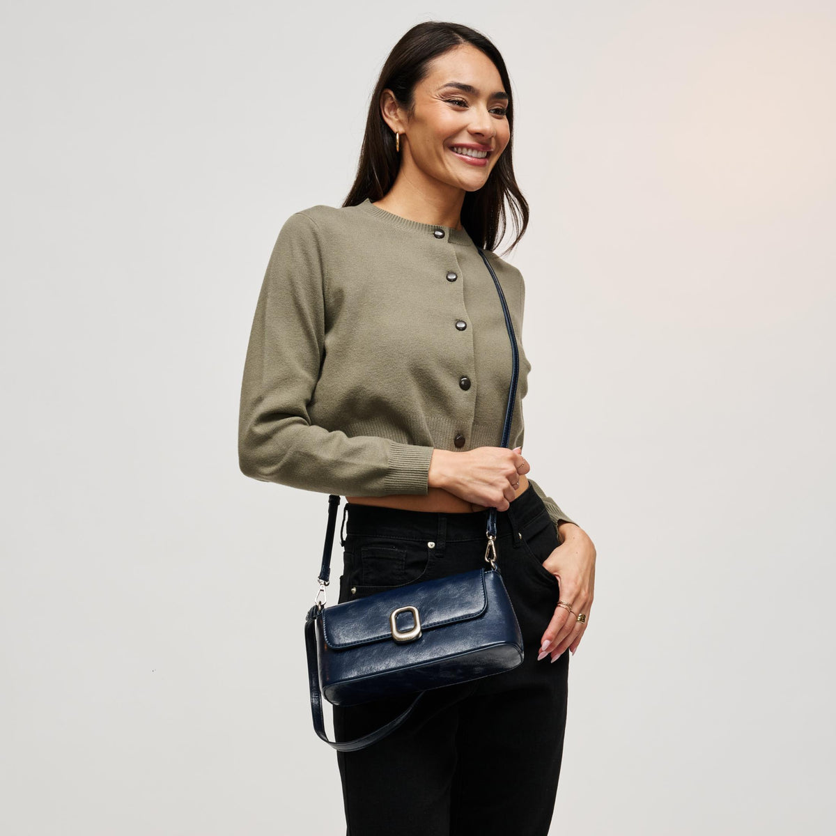 Woman wearing Midnight Urban Expressions Larek Crossbody 840504212352 View 3 | Midnight