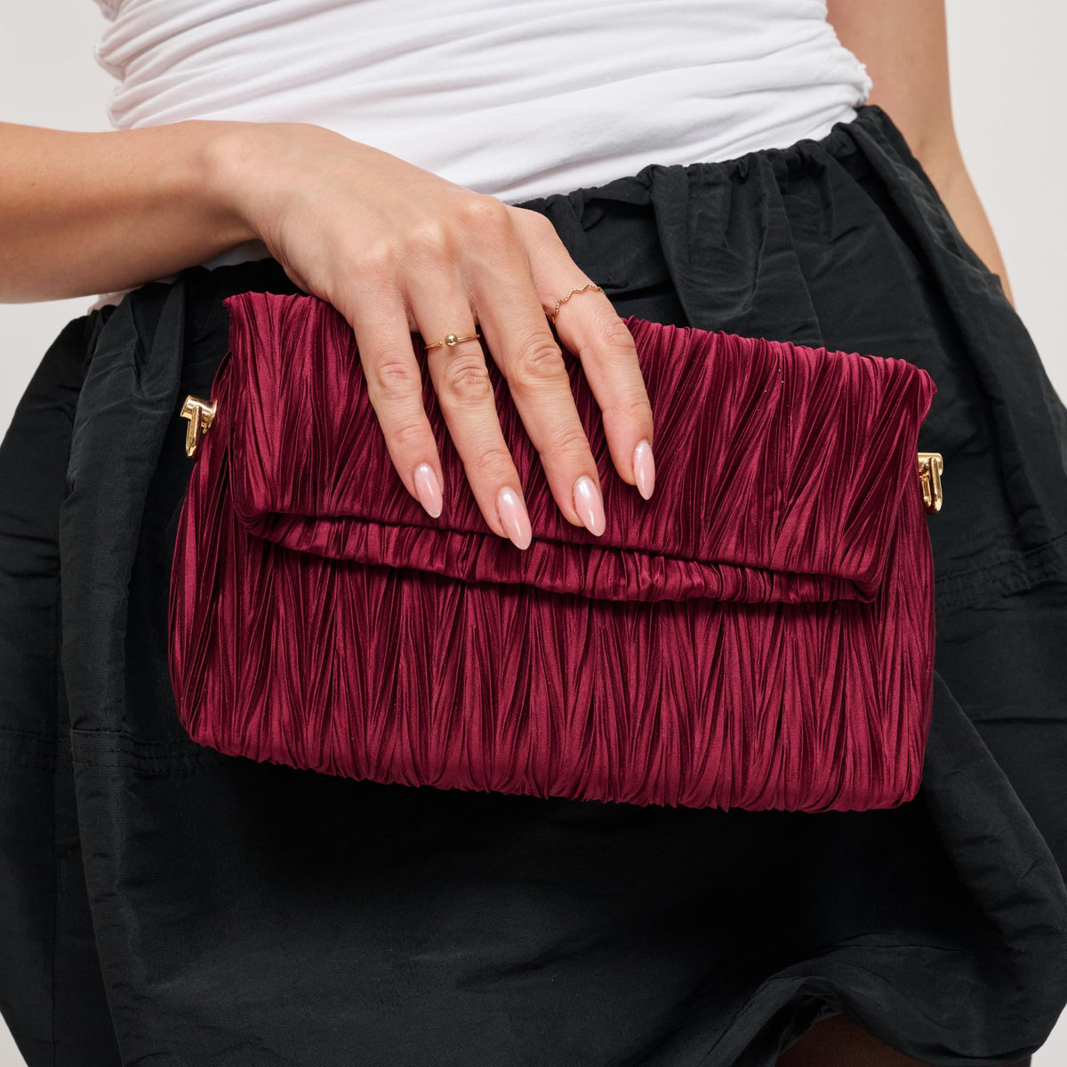Woman wearing Burgundy Urban Expressions Annette Clutch 840611198624 View 1 | Burgundy